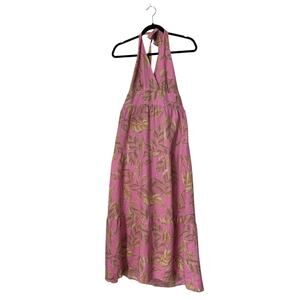 Garnet Hill Dress SZ 6 Linen Pink Leaf Print Halter Maxi Lagenlook Beachy Coasta